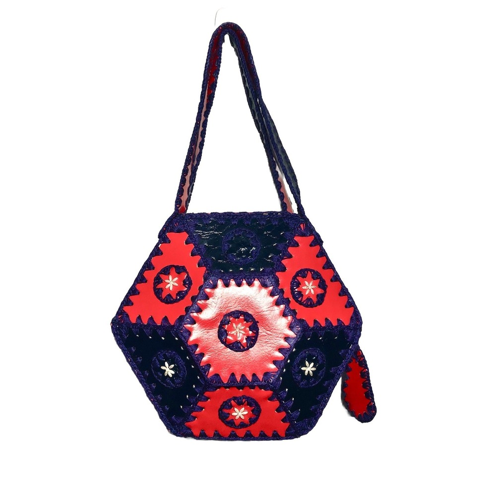 Vtg‎ 1970s Boho Purse Crochet Hexagon Patchwork Leather Handbag Hippie Red Blue